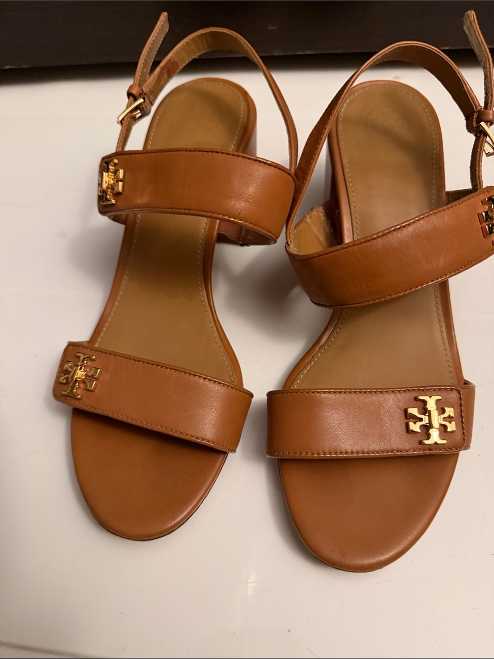 Tory Burch Cognac Leather Double-Strap Slingback Sandals with Gold Logo